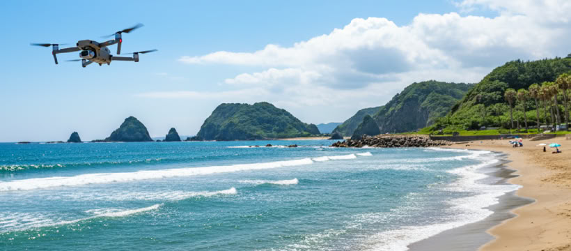 海岸でのドローンによる空撮動画撮影イメージ