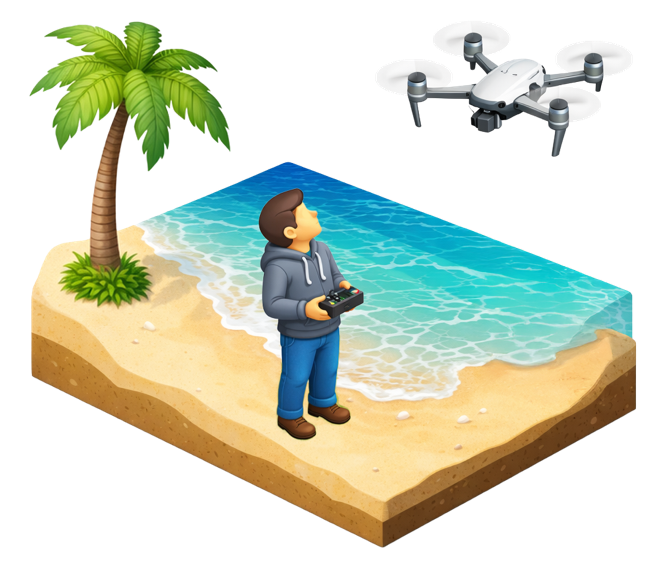 海岸でドローンによる空撮動画撮影しているイメージ